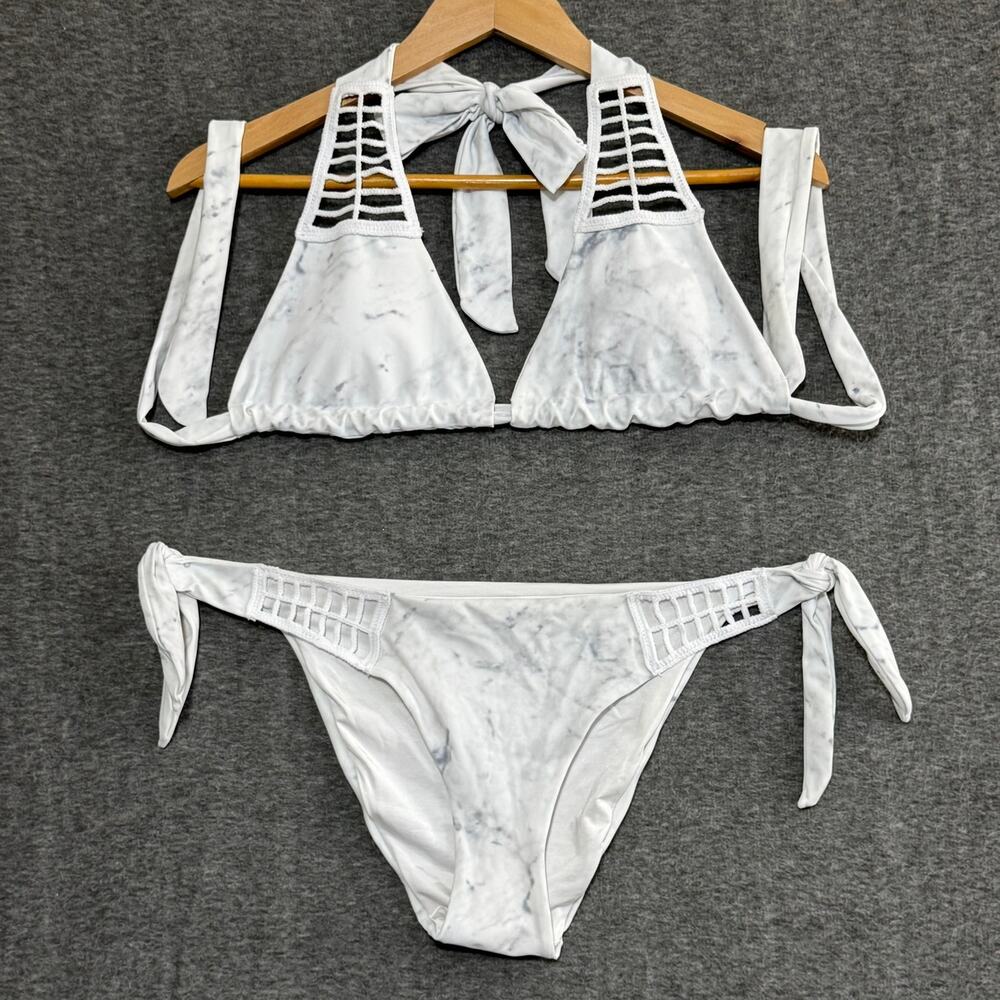 JOAN SMALLS‎ Women’s XL White Marble Crochet Accent Bikini Swimsuit Trendy Chic